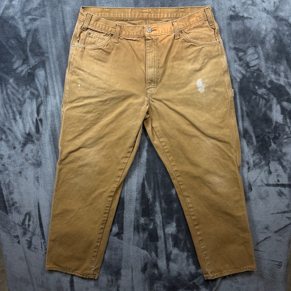 Carhartt Carpenter Pants Mens 38x32 Brown Canvas Loose Fit Distressed Workwear